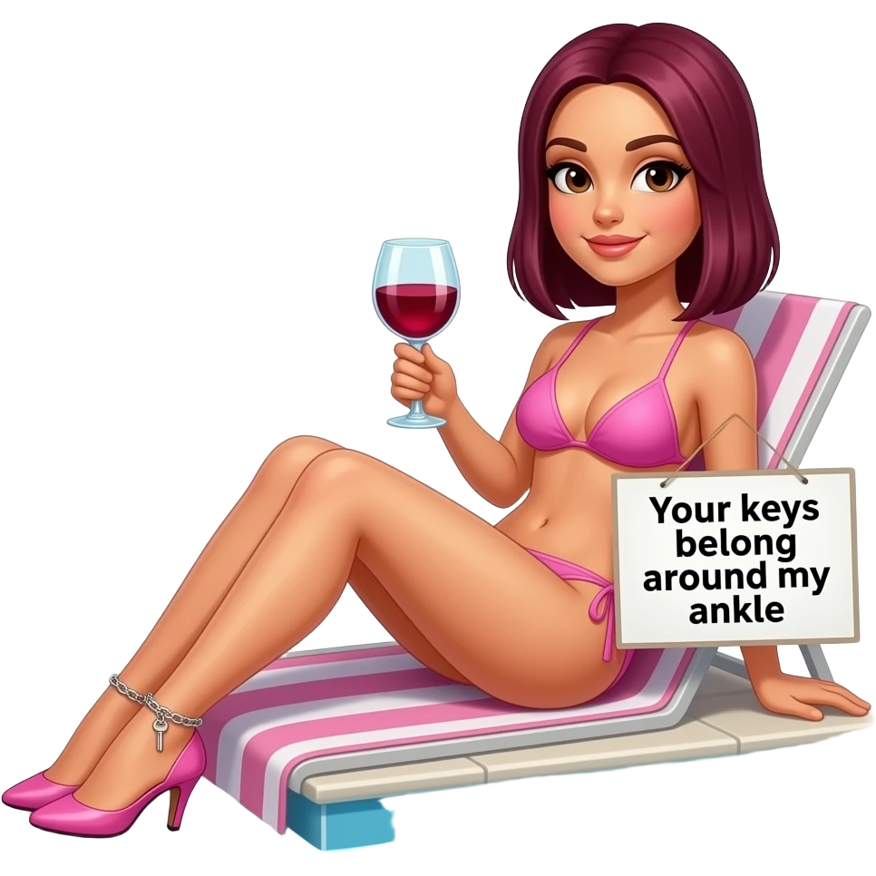 woman. burgundy, straight shoulder-length hair, sunbathing by pool, baby pink bikini and high stiletto heels. Ankle chain with small key dangling from it. Holding glass of red wine in one hand Holding sign in other hand that says "Your keys belong around my ankle". emoji