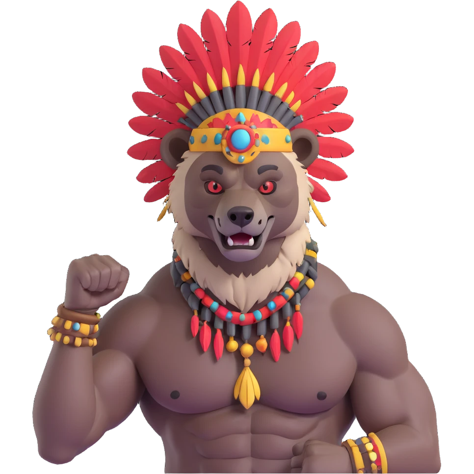A native strong buff hyena with war bonnet flexing posing holding human head  emoji