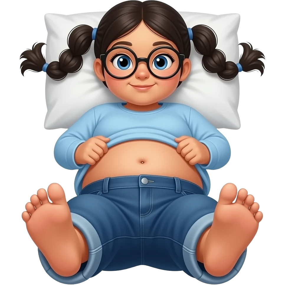 Obese Hispanic little girl with black pigtails and blue eyes rounded black glasses plain light blue long sleeve shirt and dark blue baggy jeans and belly button laying down on her pillow on her bed showing her feet lifting her shirt all the way up emoji