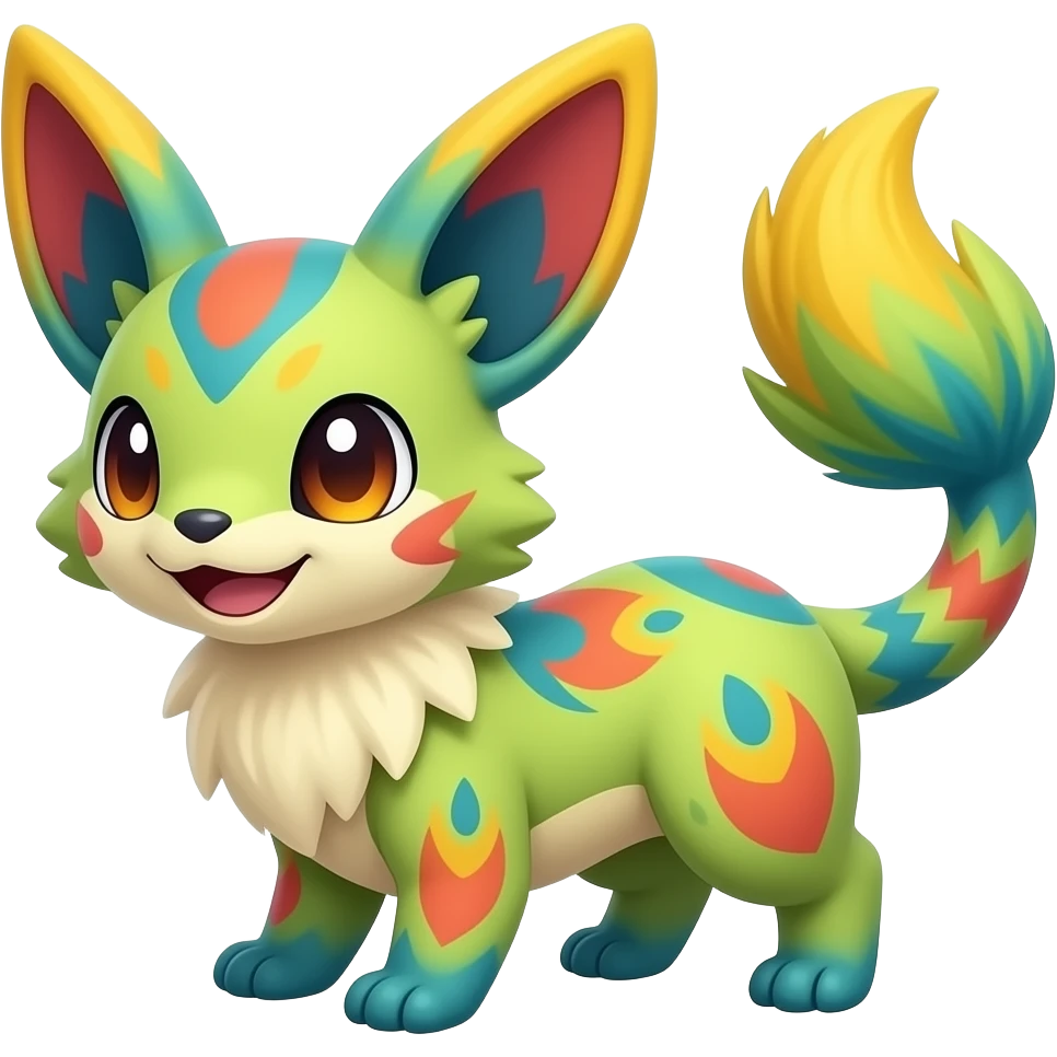 Exotic tropical happy Beautiful pretty cool edgy elegant realistic Feral Rare Fantasy colorful vibrant Vernid-Trico-species-Fakemon-creature by LiLaiRa, random markings, tufted tail, tufted ears, full body  SIMILAR Products emoji