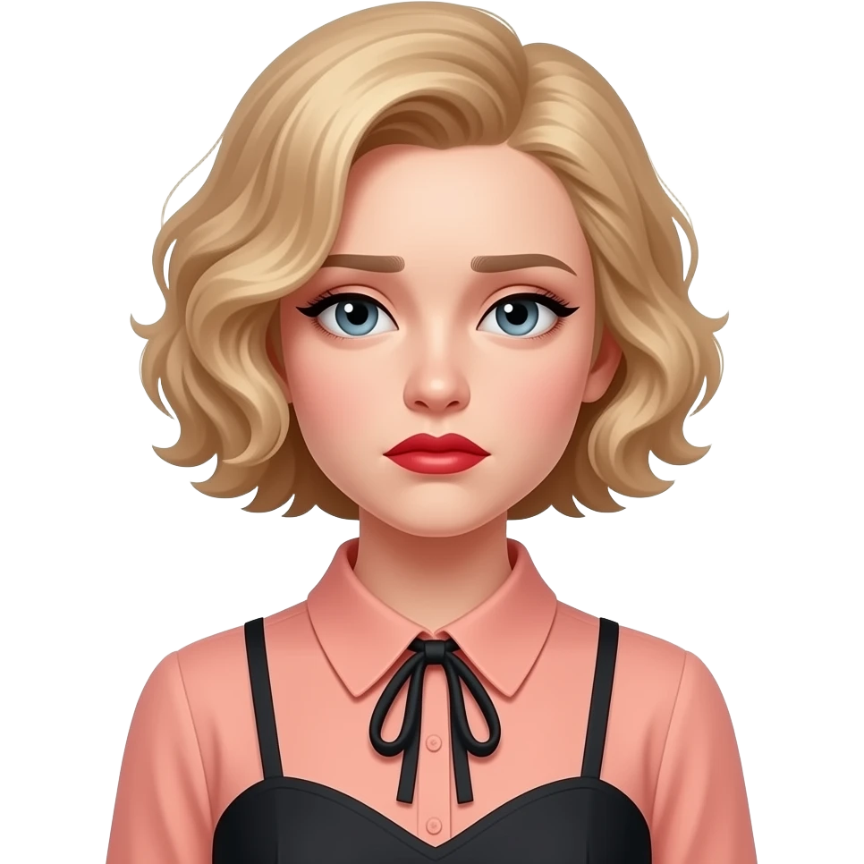 Short curly blond hair side swept with a sad face, red lipstick and peach and black blouse emoji