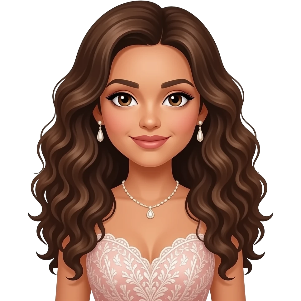 A brasilian girl with long curly brown hair, beautiful and wears make up. Wearing a fancy dress emoji