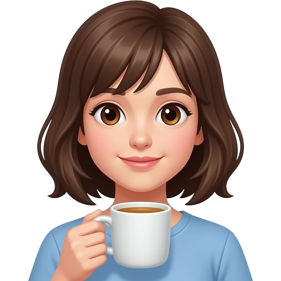 A girl with shoulder-length brown hair without bangs and brown eyes holds a mug of tea in her hand emoji