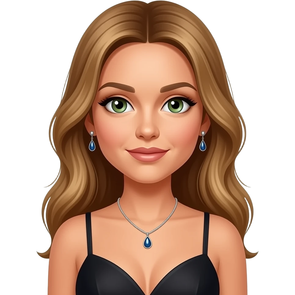 Leona Lewis with long golden brown hair, hazel green eyes, black dress, necklace and earrings emoji