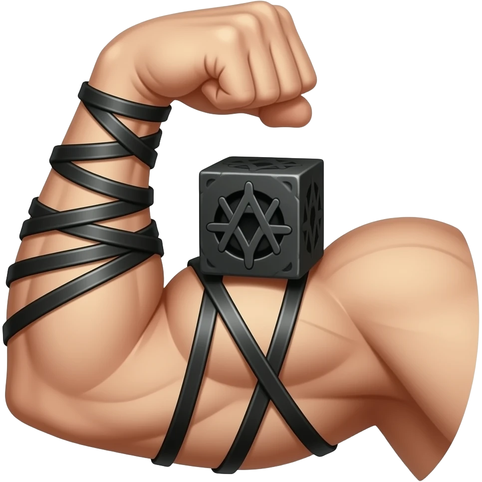 Flexed bicep with black phylacteries spiral wrapped around the arm with the black phylacteries cube on the top of the bicep💪➰⬛️ emoji
