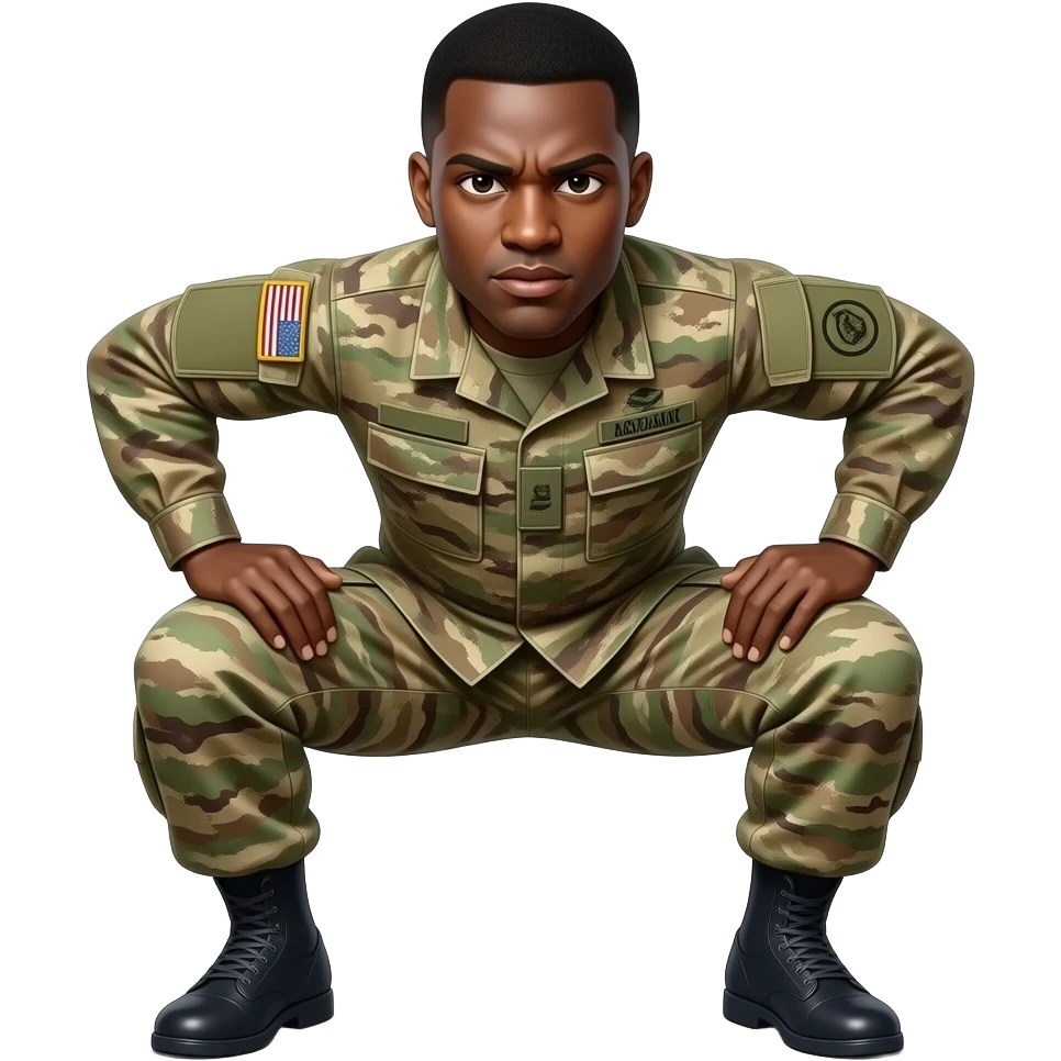the thank you squat meme, in the down positions of a squat with wide legs and hands on the back of the ankles. black man in military uniform with the ishowspeed face. hands grabbing the back of his ankles emoji