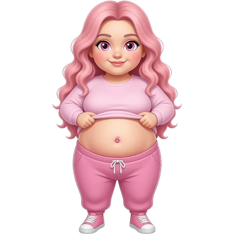 White obese girl pink eyes light pink swirly long hair pink swirl cheeks light pink plain long sleeve shirt light pink sweat pants light pink shoes lifting her shirt showing pink swirly belly button emoji