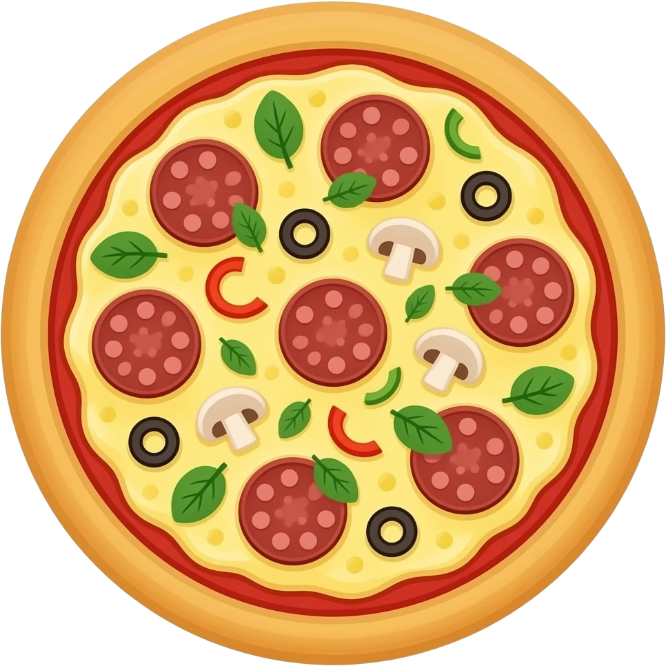 یک پیدزا با این مواد 🪾،🫜،🥬،🫑،🫒،🍄‍🟫، سوسیس emoji