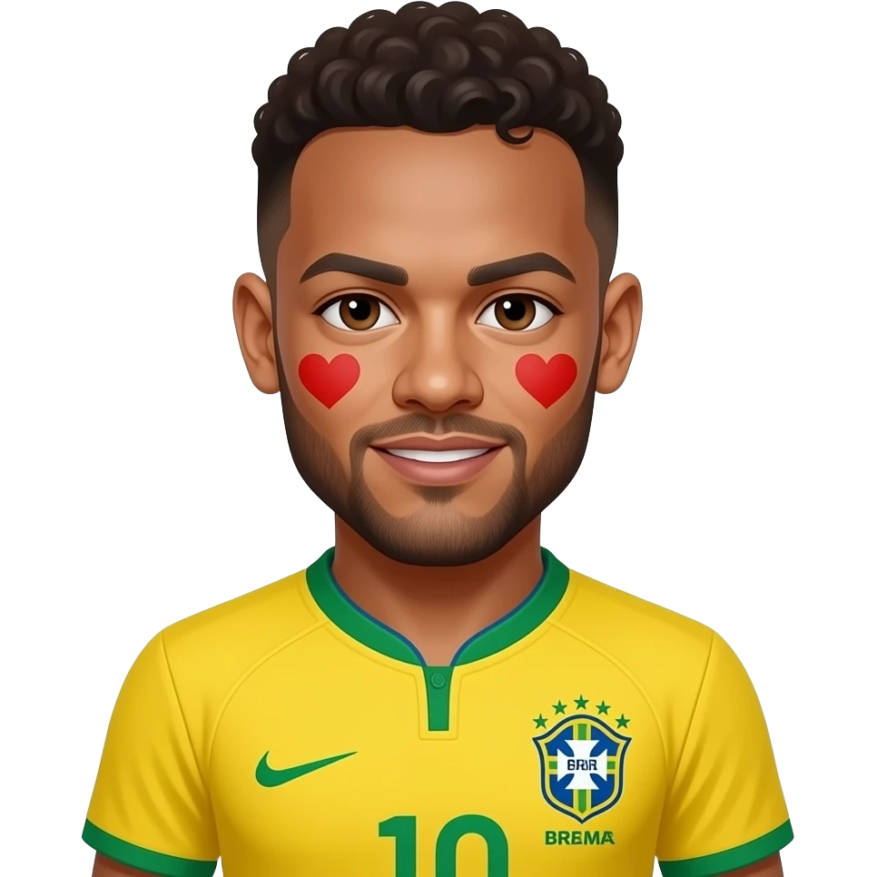 Neymar emoji, SAME Brazil jersey, chest-up, centered, 2 ❤️ randomly placed on cheeks and shoulder, glossy 3D style, no text. emoji