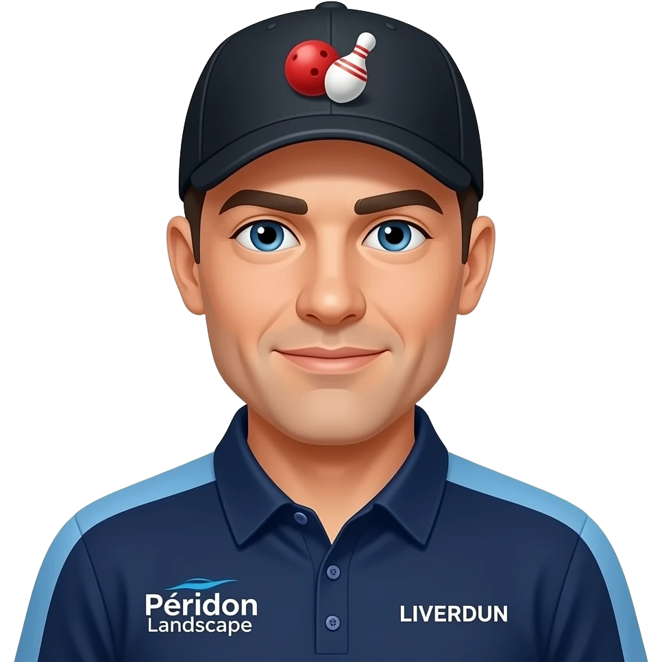 visage homme maillot bleu marine, col 2 boutons avec col épaules seules bleu clair et logo "Péridon paysage" côté gauche LIVERDUN côté droit casquette noire  avec 2  boules de pétanque emoji