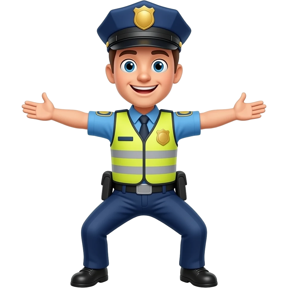 3D cartoon traffic cop with arms spread wide to sides, yellow  reflective vest, blue uniform, police cap, friendly smile,  T-pose for stop signal, white background emoji