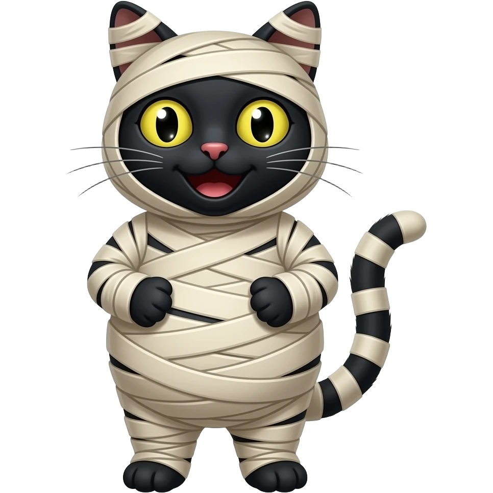 Mummified black cat happy wrapped up completely  covered with a big full belly emoji
