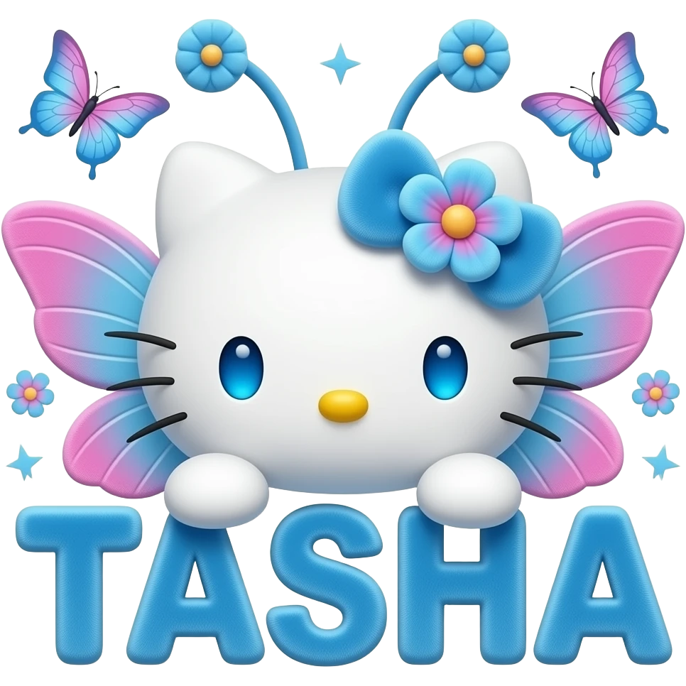 White velvety fur 3D hello kitty head with blue pink gradient 3D flower ...