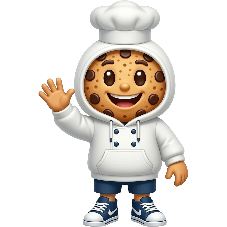 Full-body mascot of a chocolate chip cookie wearing a cozy baker ...