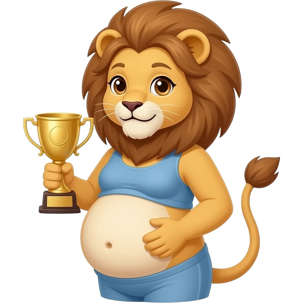 A humanoid girl lion cub,poses for the camera,have in the cutest side view of her young body,but also she is cradling and patting her rather large belly,so she is kind of fat,Bellybutton,she had just won an eating contest while gaining weight in the process,A full Tummy as an award. emoji