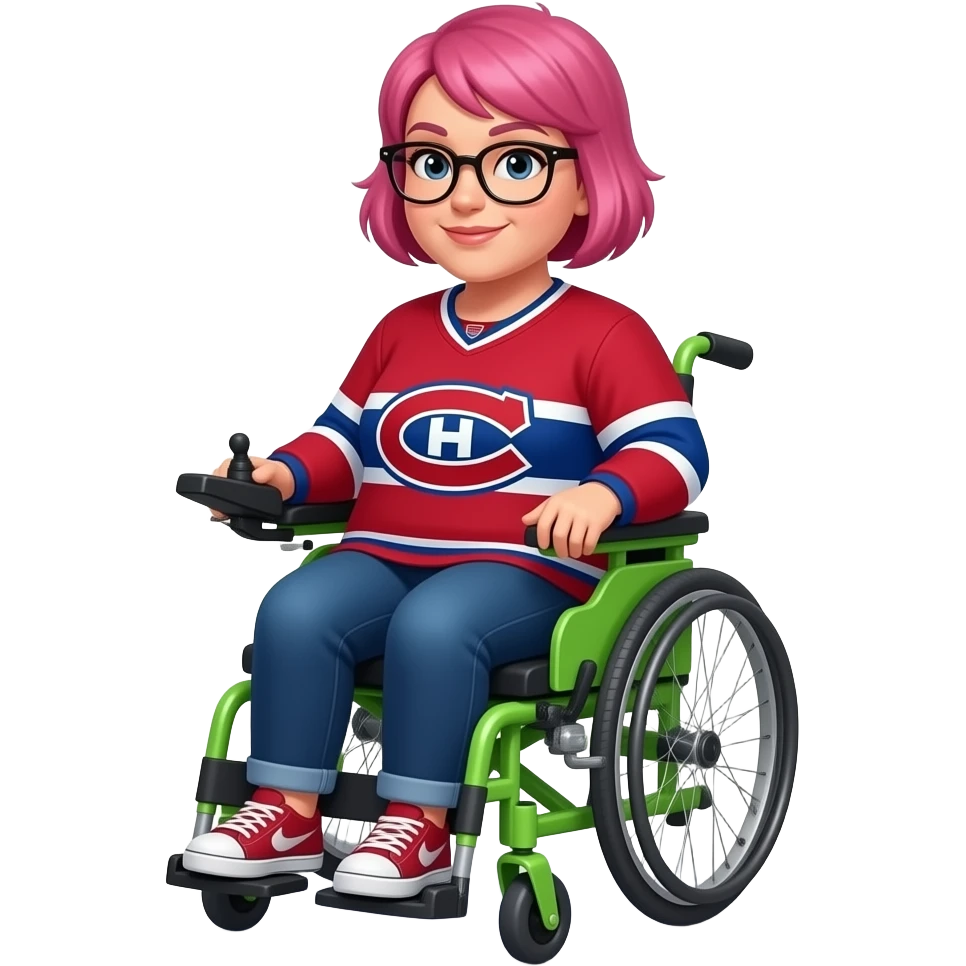 fat woman with short spikey pink hair and eye glasses canadiens jersey lime green electric wheelchair emoji