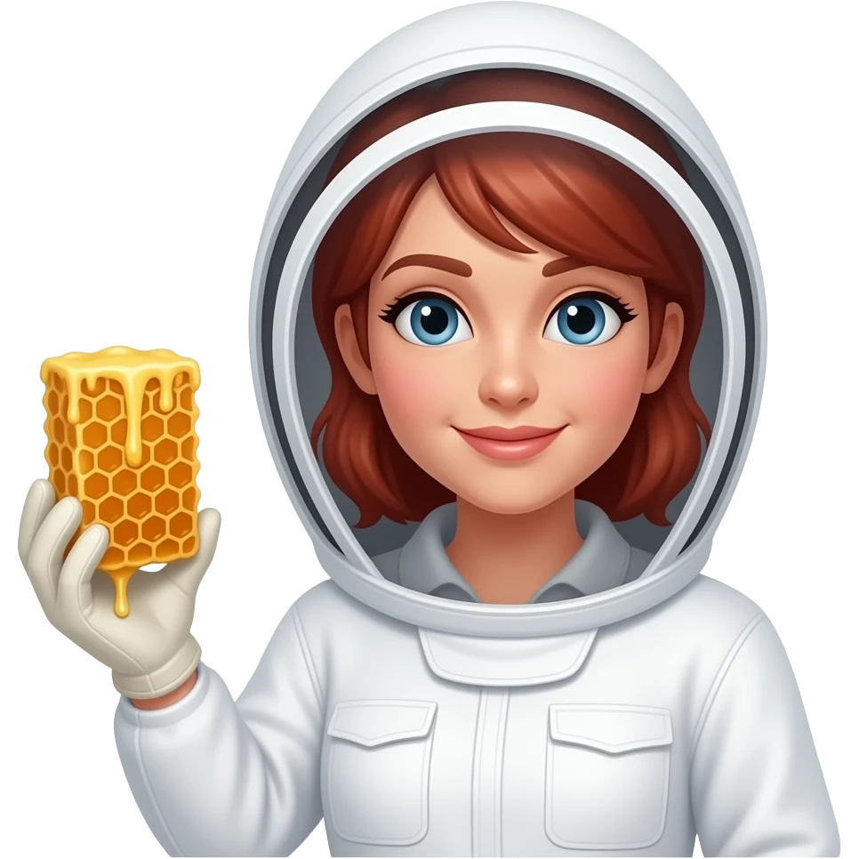 beekeeper woman in white beekeeper suit, a honeycomb in her hand and hair red emoji