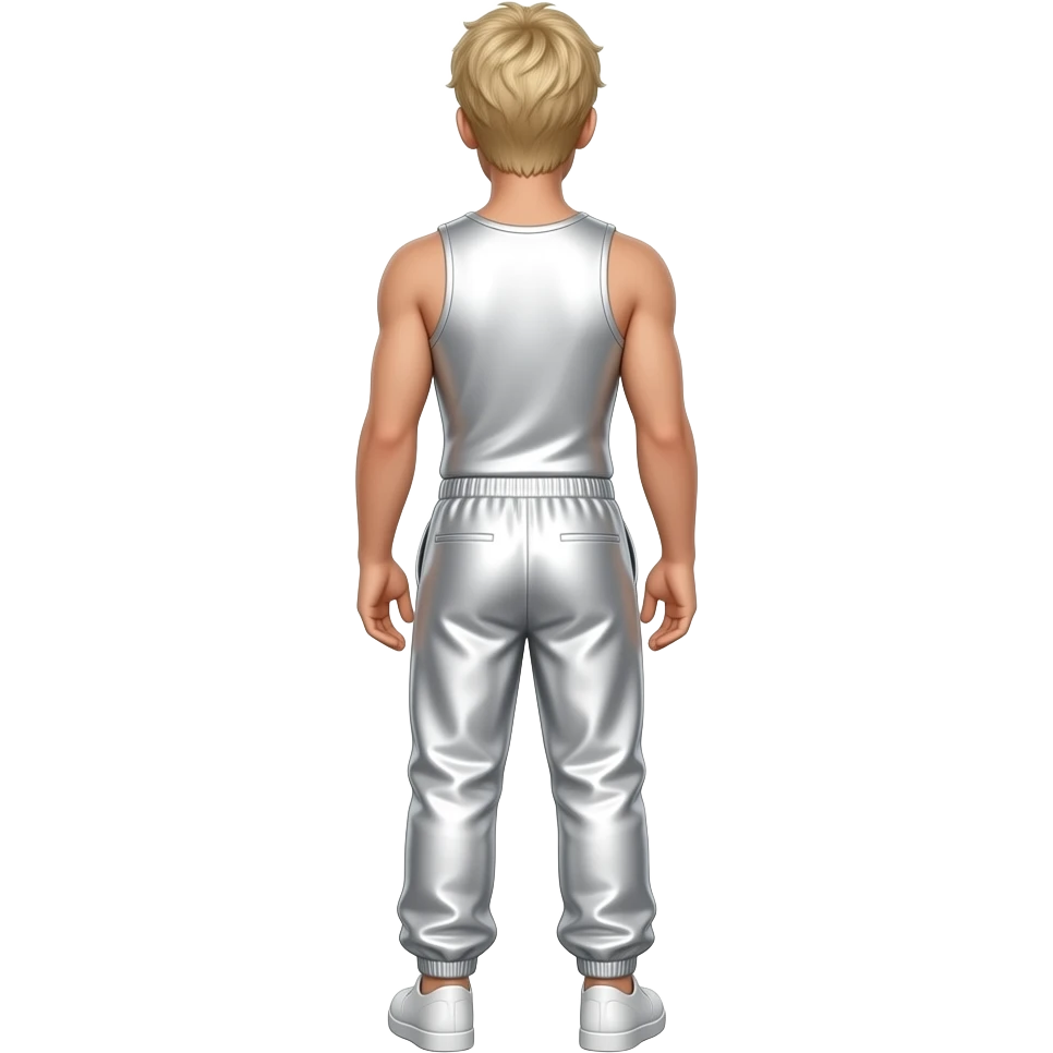 Nick Carter from behind with light blonde hair, white metallic tank top, white metallic baggy joggers, white shoes emoji