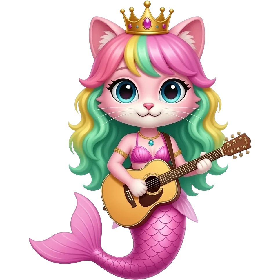 pink anthro cat with pink and green and yellow hair a pink Seashell bikini a pink mermaid tail holding a guitar and a crown emoji