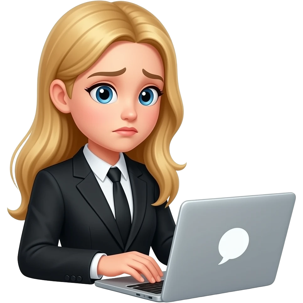 girl-with long blond hair-working at a laptop--in a black business suit-disappointed because there are no messages-message emoticons emoji