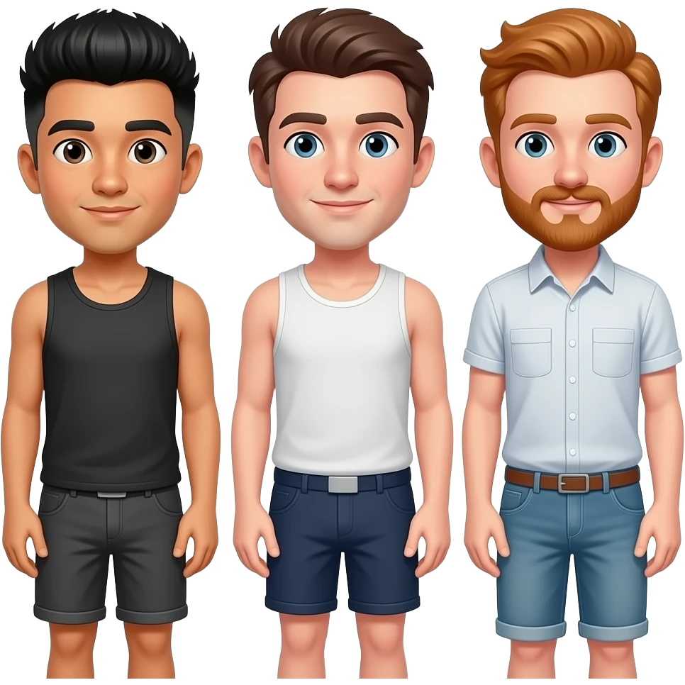 Gay throuple, one Asian with a perm, one white with brown hair and a tank top and booty shorts, and a ginger one with a mustache. emoji