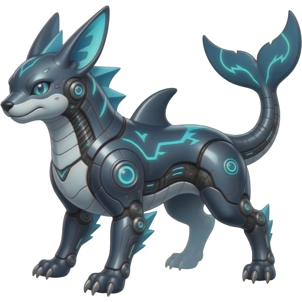 Tough realistic Quadrupedal digitigrade shiny glossy smooth finned frilled gothic tall slim unique epic legendary shiny edgy cool cyberpunk-solarpunk-fantasy-Sharpedo-Sceptile-Sprigatito-Flyogn-Vaporeon-Electrike-Fakémon-hybrid with an orca tail emoji