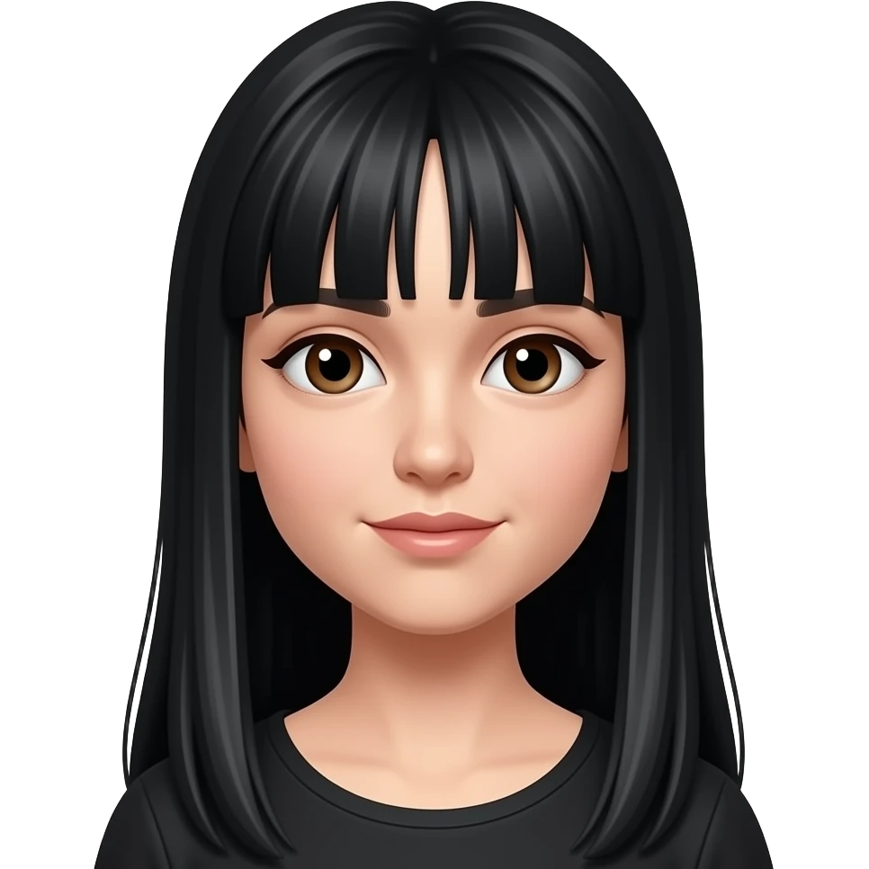 Chica pelinegra con pelo muy largo y negro y flequillo lacio partido a la mitad y que sea blanca y con ojos marrones y con top negro emoji