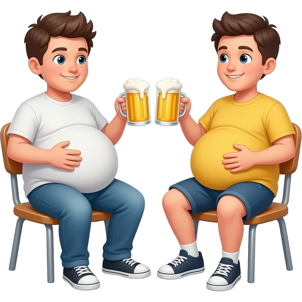 Oba chłopaki 1 krześla ma ogromny brzuch, 2 krześle ten żółte koszulce ma 25x ogromny niż ten 1 krześle 1 krześla ma 16 lat 2 krześle ma 15 lat ich brzuchy mają kształt jak ogromne kula siedzą 1 prześlę ma jeansy 2 krześle ma spodenki i żółtą koszulkę i rozmawiają i głaszczą swoje brzuchy i piją 🍻 emoji