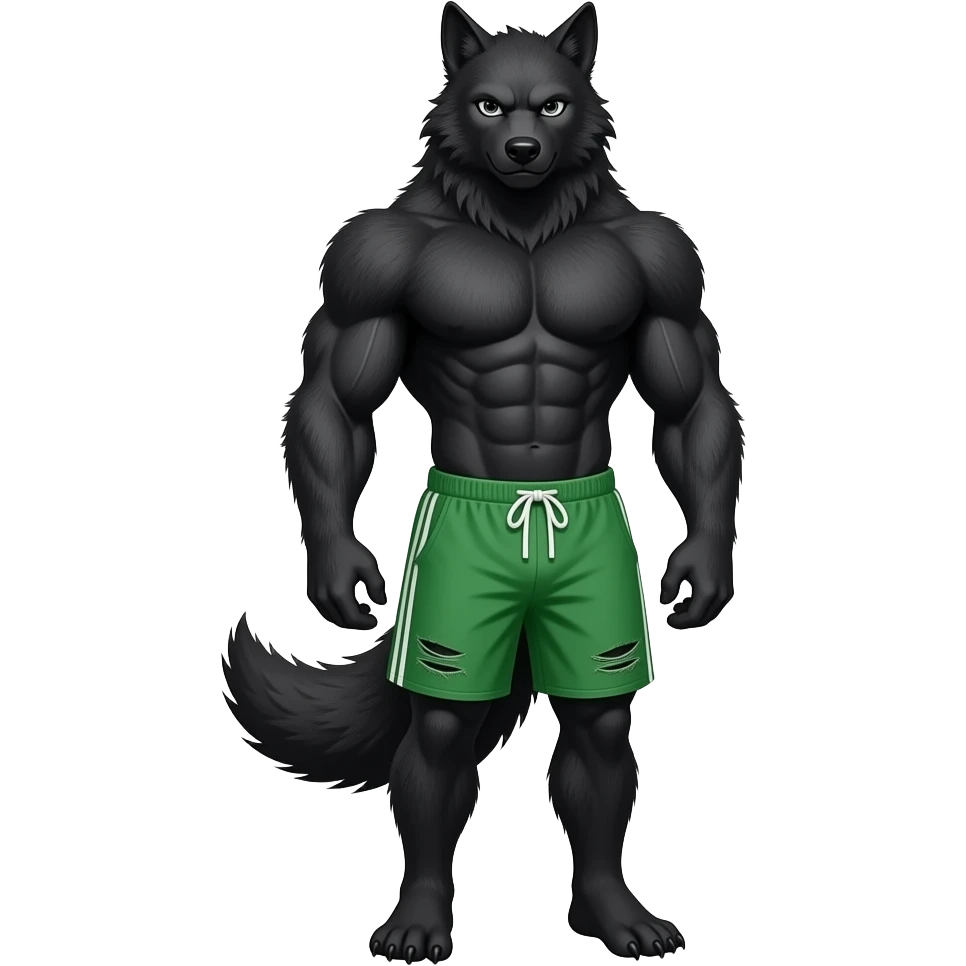 muscular young werewolf without a tail that has black fur wearing ripped green athletic shorts full body emoji emoji