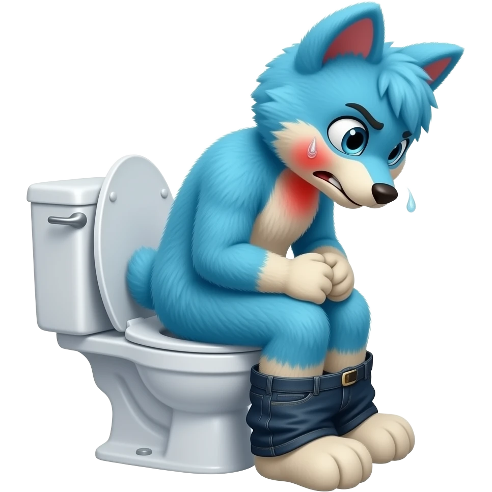 blue fursuit sitting on toilet, side view , pants down, pushing, straining face,  uncomfortable, constipation , sweating, red face emoji