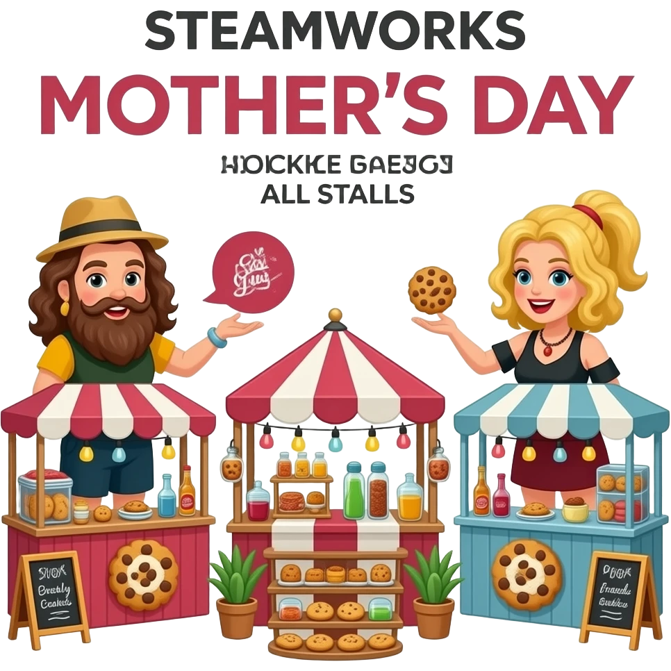 Poster "SteamWorks, celebrates Mothers Day"  "Freshly baked cookie scent in all stalls." With bearded drag queen moms  theme. emoji