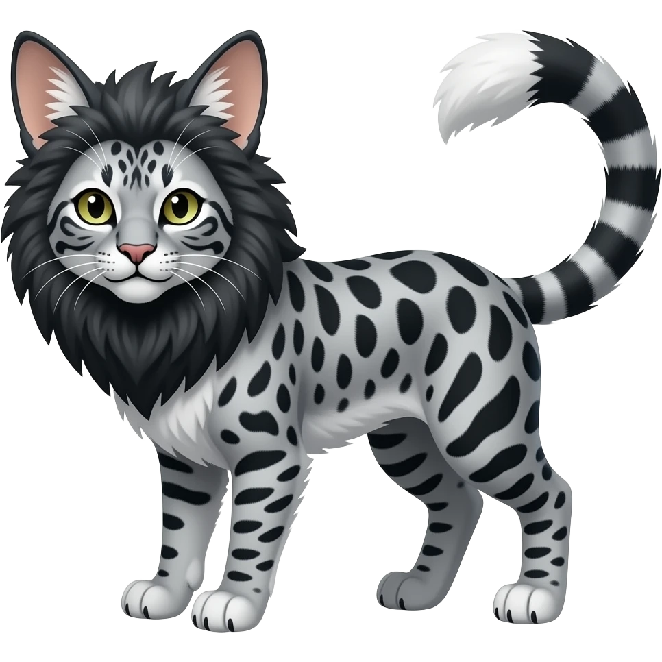 Realistic patterned marked edgy greyish blackish whitish Shiny Colorful Glossy Genet-Caracal-Lion-Bunny-Bobcat-fusion-animal-hybrid-creature, full body, big-tufted-bat-ears, long-thin-tufted-white-tipped-tail emoji