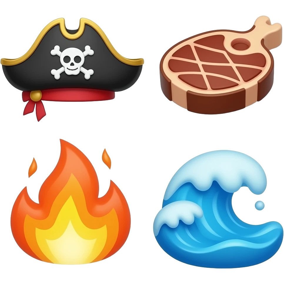 3D anime icons of pirate hat, meat steak, ocean wave, separated icons, evenly spaced, no overlap, grid layout, each icon isolated, vibrant colors, soft lighting, glossy material, centered composition, clean background, consistent style, high quality, 4K emoji