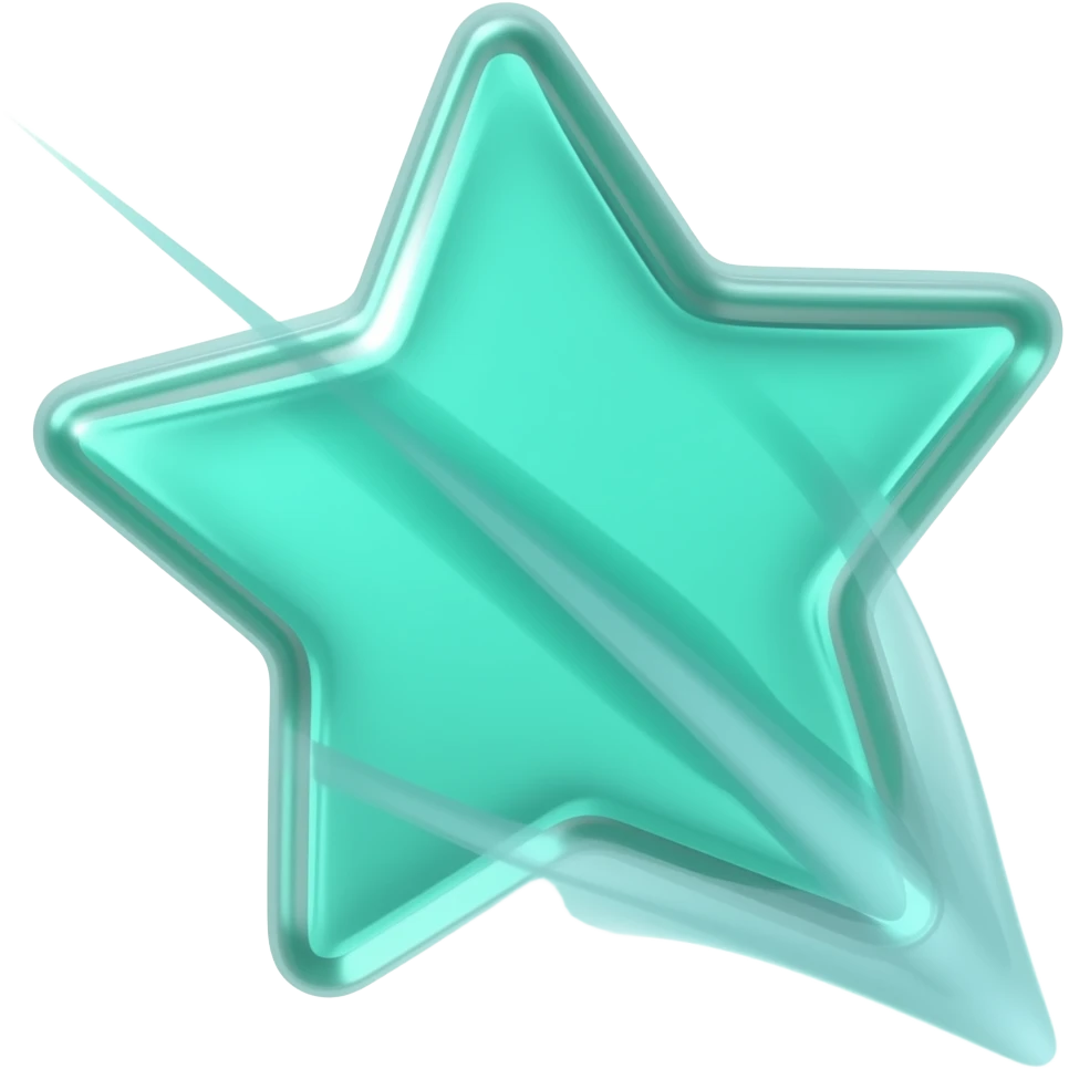 iOS emoji style, glossy 3D green shooting star with rounded edges, Apple-like minimalist design, smooth plastic material with subtle reflections. The star moves forward with a clear comet tail trailing behind it. Shades of green should lean toward turquoise. transparent background emoji