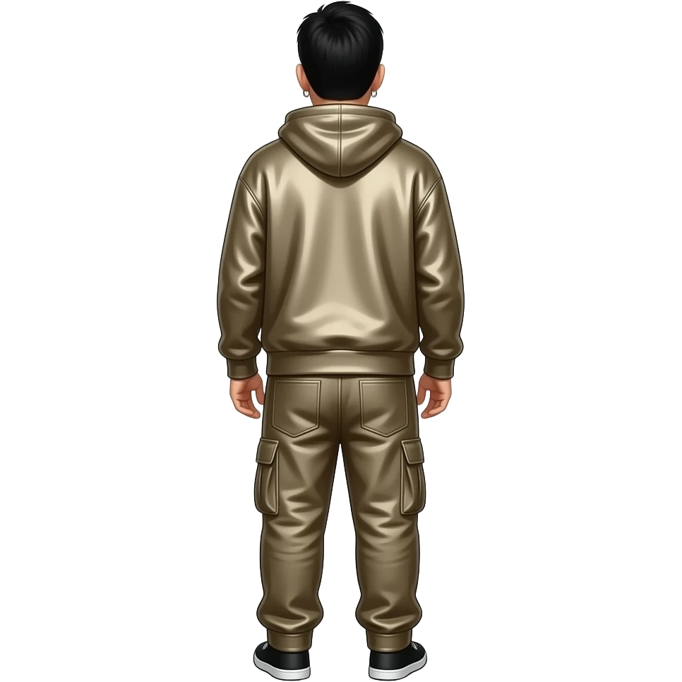 Mike Shinoda from behind with dark beige metallic sweatshirt, dark beige metallic baggy pants emoji