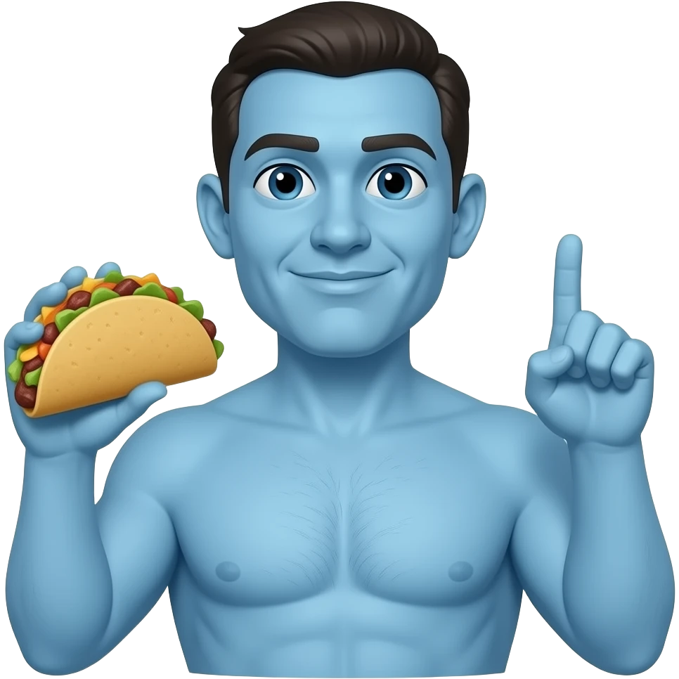 blue guy man torse with no yes squiggly neck with one arm doing thumb dup finger foot middle up leftly right with a taco emoji