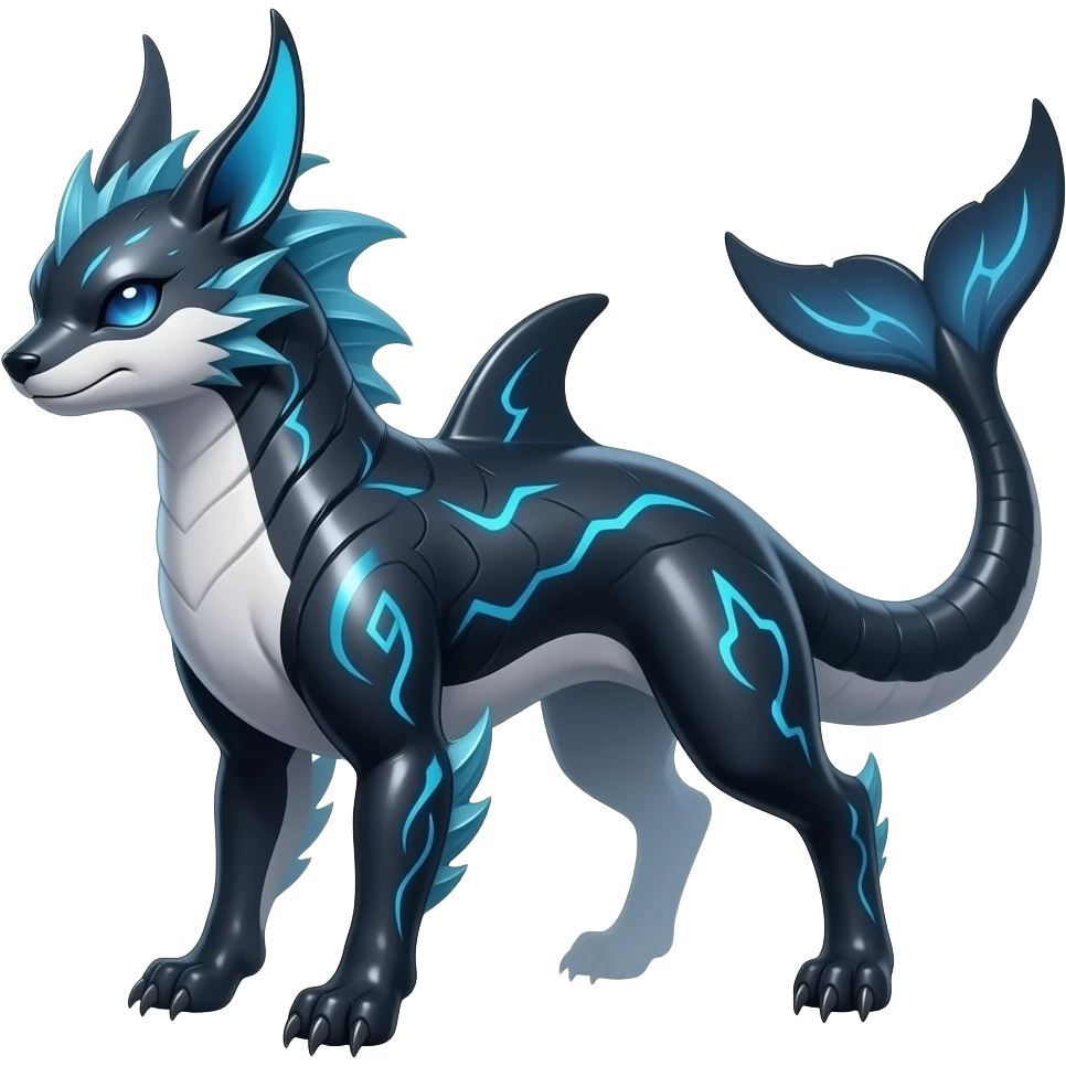 Tough realistic Quadrupedal digitigrade shiny glossy smooth finned frilled gothic tall slim unique epic legendary shiny edgy cool cyberpunk-solarpunk-fantasy-Sharpedo-Sceptile-Sprigatito-Flyogn-Vaporeon-Electrike-Fakémon-hybrid with an orca tail emoji