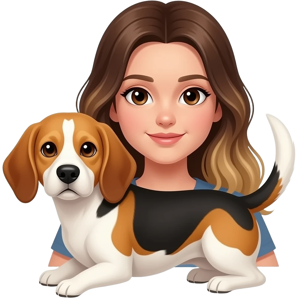 Girl with long brown balayage hair parted on the left side with dark brown eyes and pale skin holding an older beagle with a lot of white on the beagle's head emoji