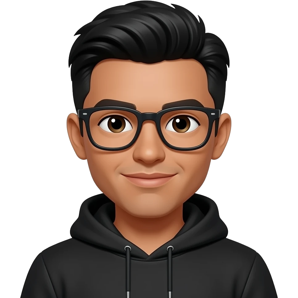 20 year old, tan skin guy, black hair, middle part long hair, black frame glasses, black hoodie emoji