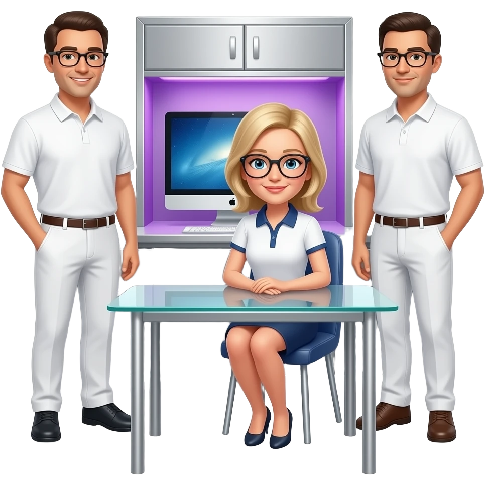 the background is blurred, in the background there is a silver server cabinet with purple backlighting, a glass table, and an imac computer, next to it there are two men with glasses, dressed in white pants and a polo shirt, and an attractive girl, a blonde with glasses, is sitting at the table, emoji