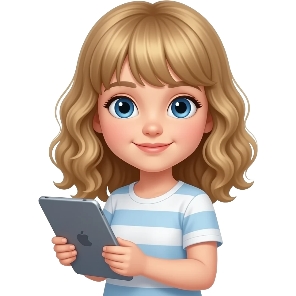 white kid blue eyes mid length hair to shoulders with bangs soft curly hair to shoulders in color: middle to little darker blond, with an ipad on her side, screen time emoji