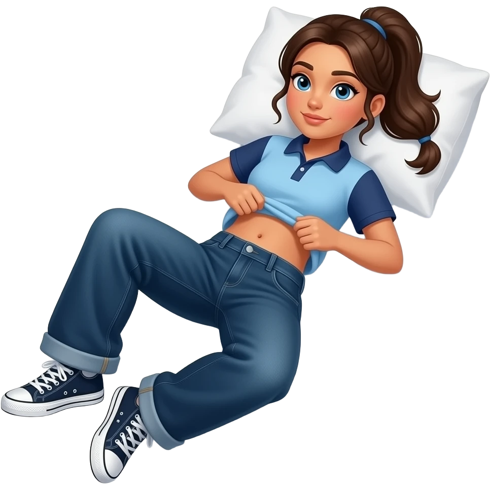 Hispanic girl with brown ponytail and blue eyes light blue and dark blue polo and dark blue baggy jeans and belly button laying down on her pillow on her bed with sneakers lifting her shirt emoji