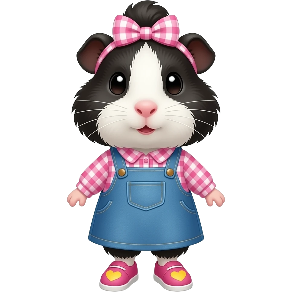 black and white guinea pig with pink long sleeve gingham shirt, jean dress, pink shoes with yellow hearts and a pink gingham bow in hair emoji