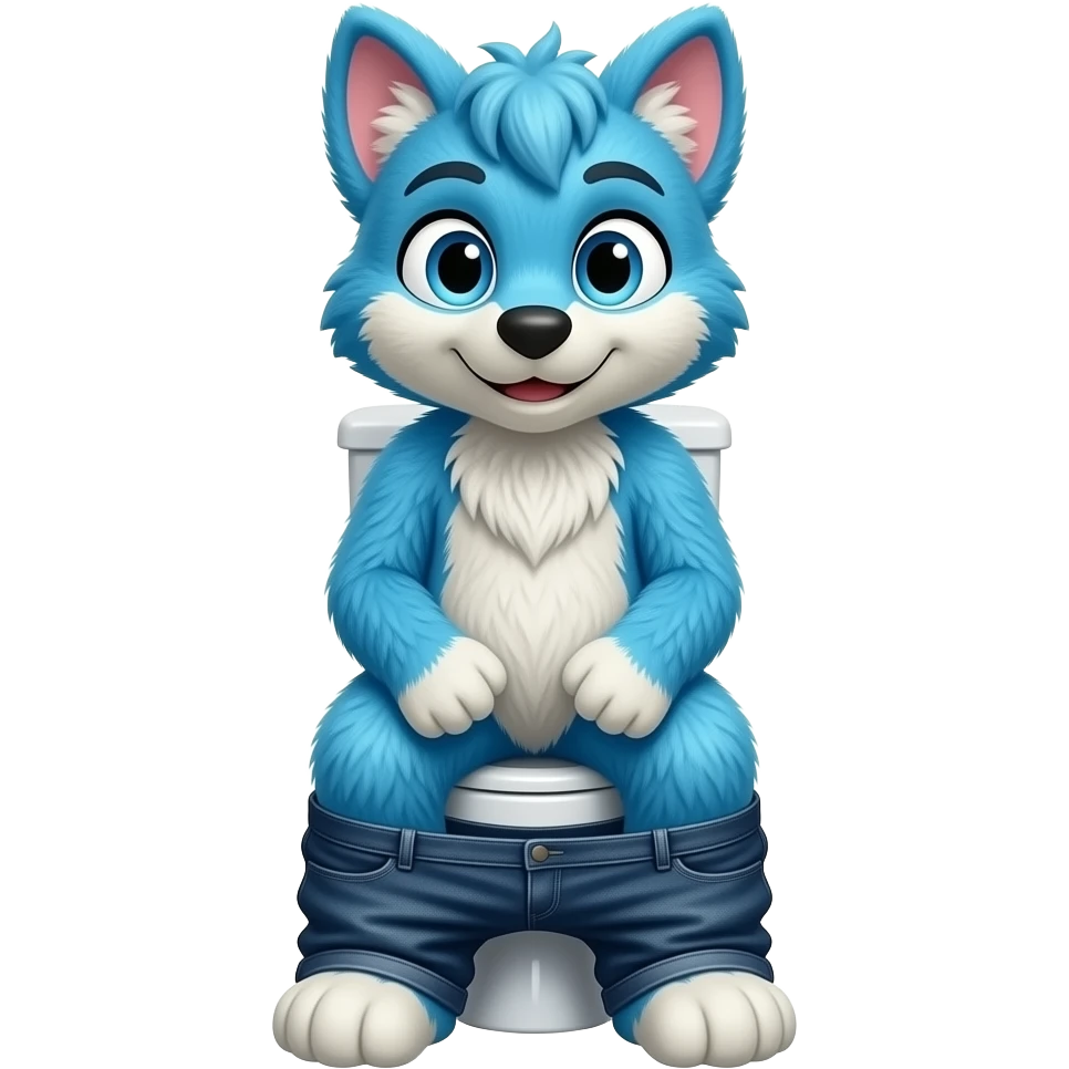 blue fursuit sitting on toilet, front view, pants down, toilet lid up emoji