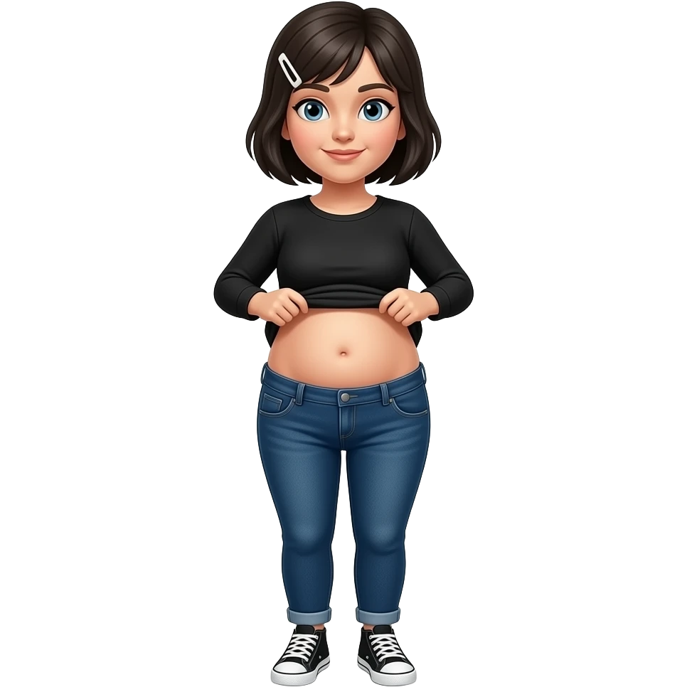 White woman with black short hair, white hair clip on the left of her hair, plain black long sleeve shirt, dark blue jeans, white and black sneakers, and a chubby body lifting her shirt to move her belly emoji