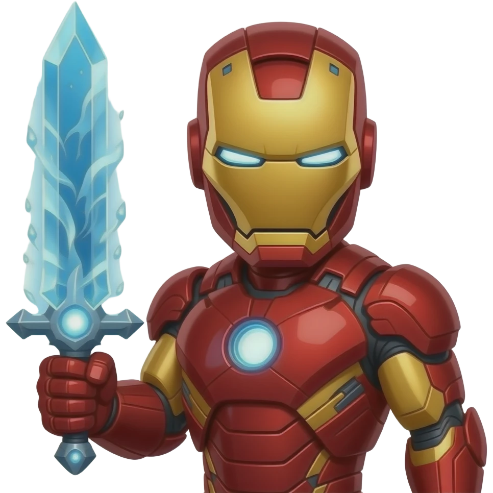 Iron man holding a glowing ice elemental sort ice elemental. Sword emoji