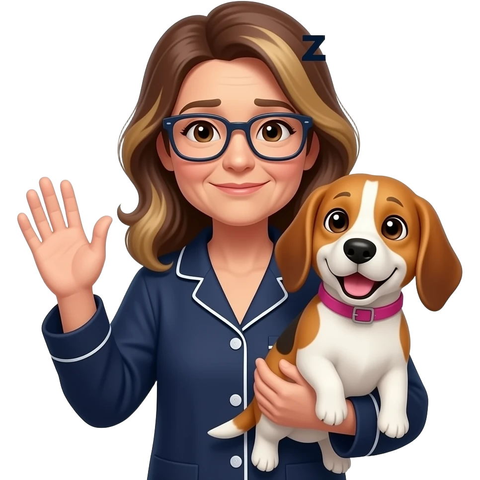 50-year-old drowsy woman with dark brown eyes,  long brown balayage hair, parted on the left, with pale skin, with dark navy rectangular glasses, holding a beagle that looks happy. She is wearing a navy pajamas. The beagle has a pink collar. The woman is waving goodbye. There are Zzz above her head emoji
