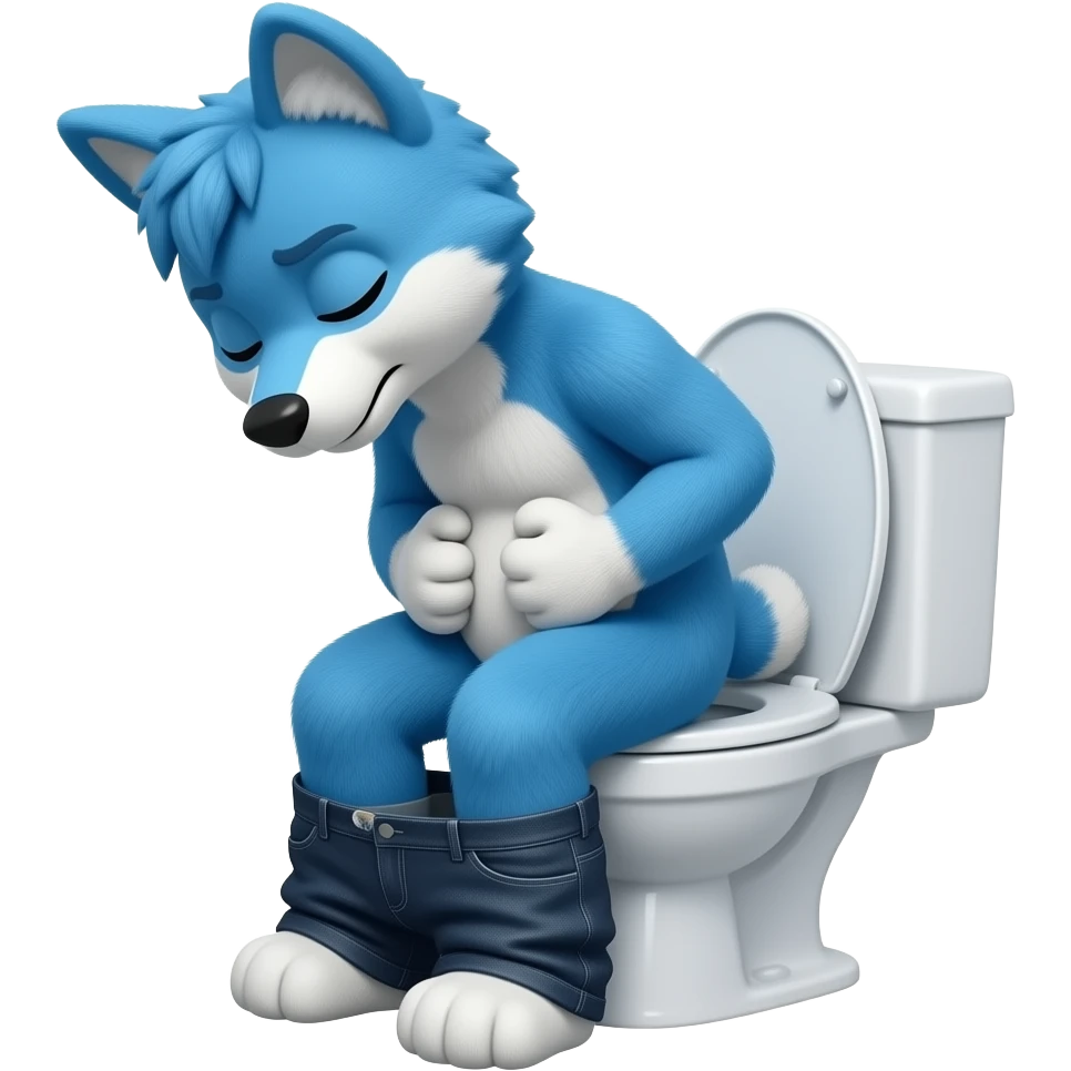 blue fursuit sitting on toilet, side view, sitting on toilet, side view, pants down, straining, eyes closed, pushing, squeezing, hands on stomach emoji