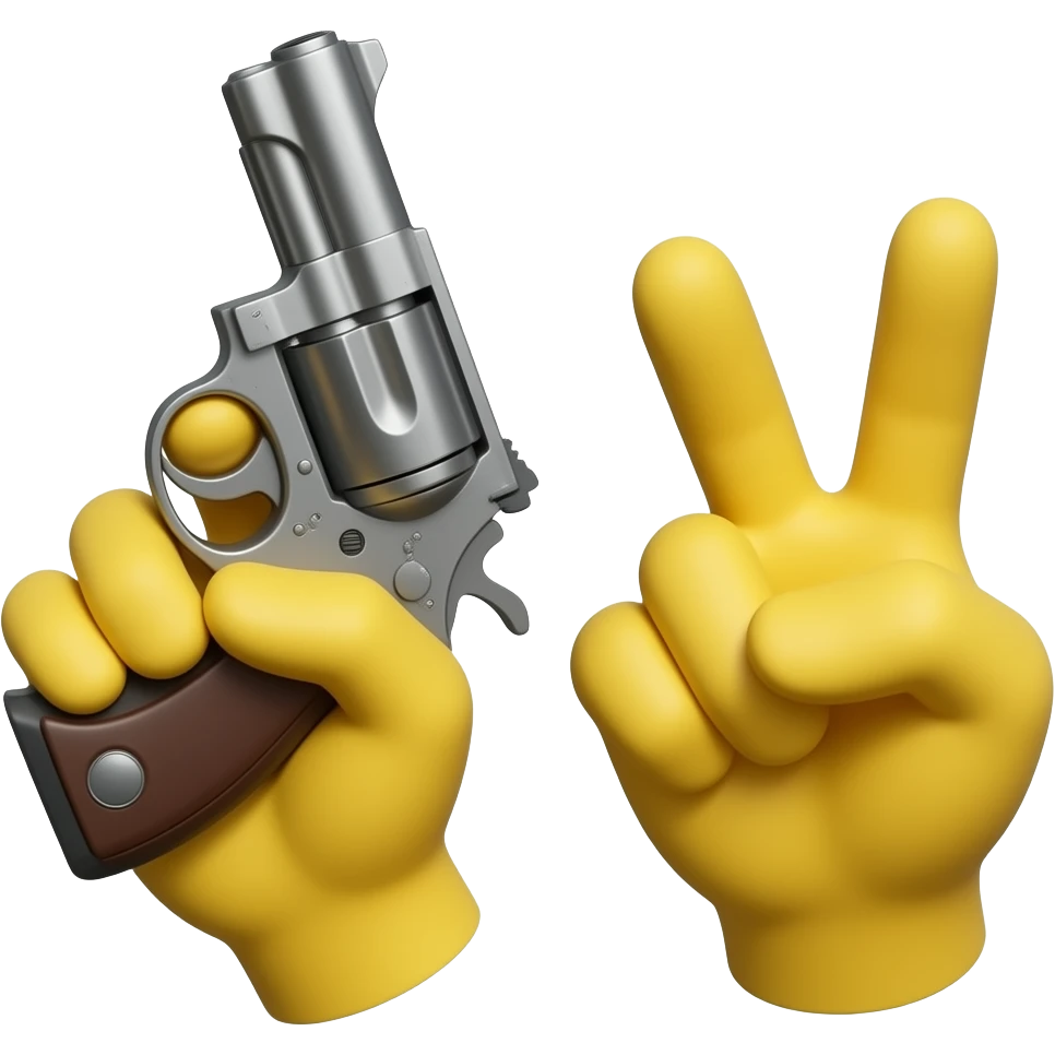 one yellow hand holding a gun, other hand showing victory emoji