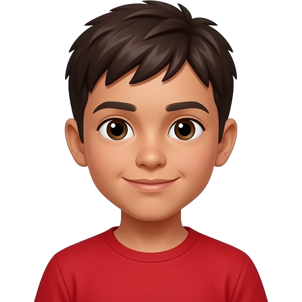 niño varon con cabello liso y corto de color castallo oscuro y un tono mas oscuro de piel, camisa color roja emoji